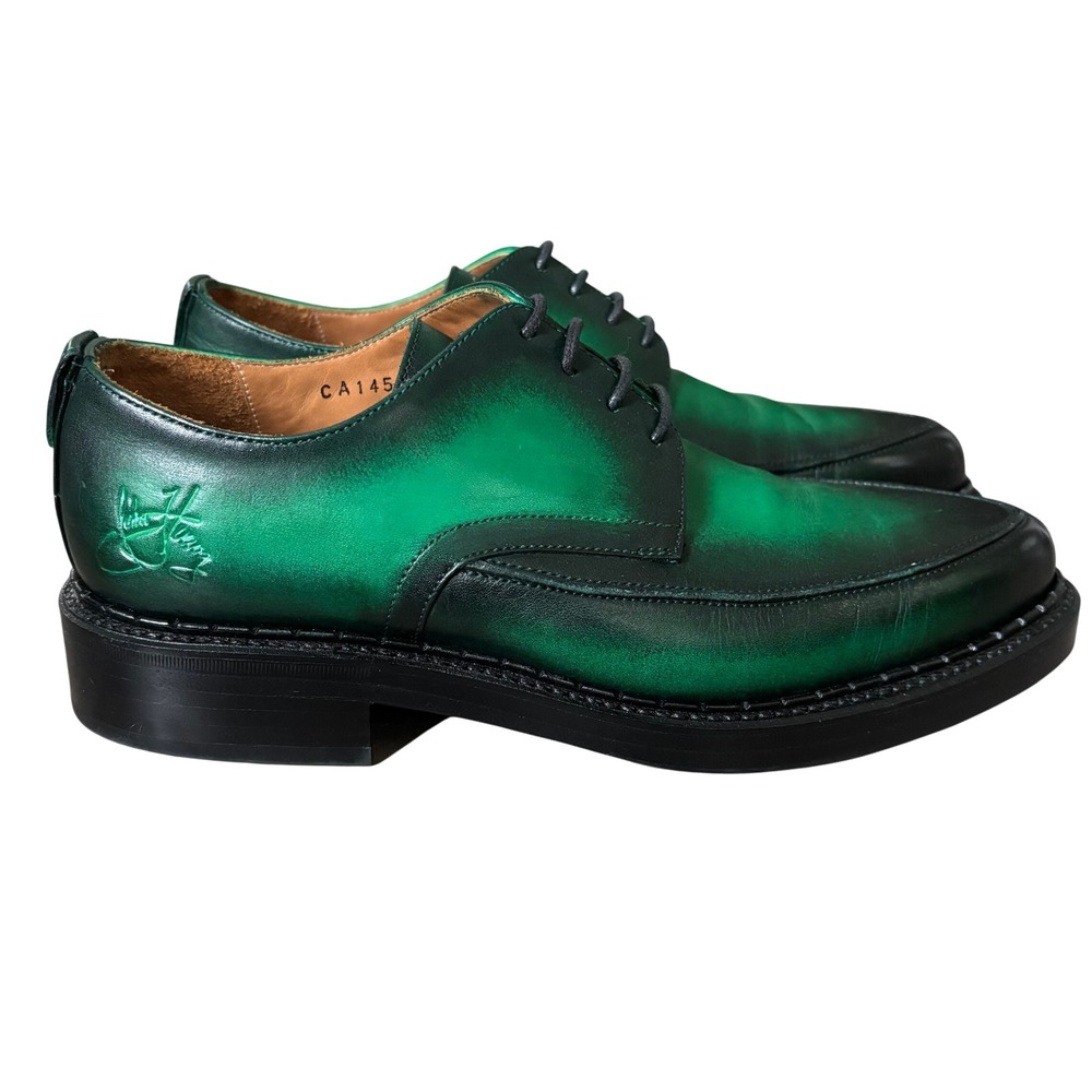 John Fluevog Moneymaker Lace Up Derby Shoes Size 7 Green Hand Painted‎ Leather